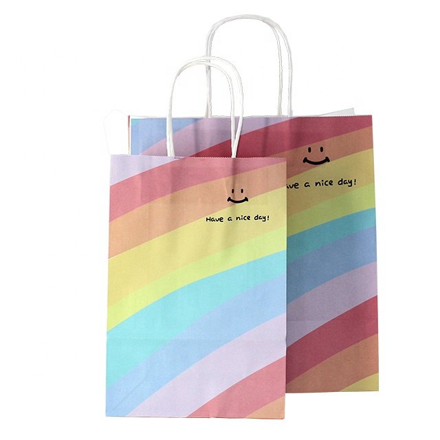 Recyclable Retail Colored Custom Paper Gift Shopping Bags Patterned Full Color Rainbow Paper Candy Gift Bag With Handles
