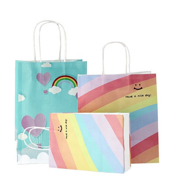 Recyclable Retail Colored Custom Paper Gift Shopping Bags Patterned Full Color Rainbow Paper Candy Gift Bag With Handles