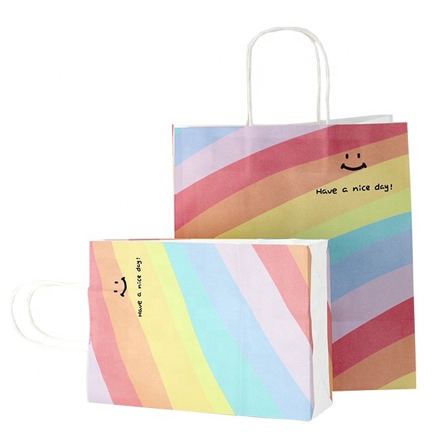 Recyclable Retail Colored Custom Paper Gift Shopping Bags Patterned Full Color Rainbow Paper Candy Gift Bag With Handles