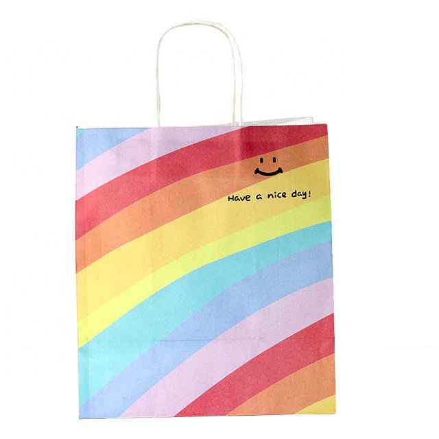 Recyclable Retail Colored Custom Paper Gift Shopping Bags Patterned Full Color Rainbow Paper Candy Gift Bag With Handles