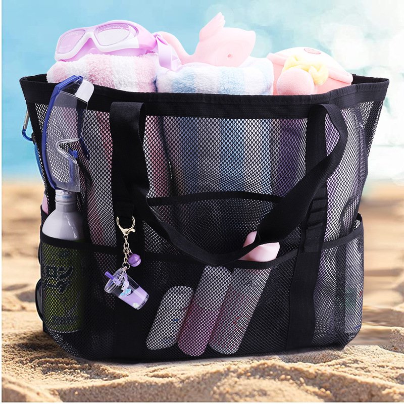 New Fashion Summer Hot Sale Custom Logo Net Shopping Mesh Beach Tote Bag with Pocket