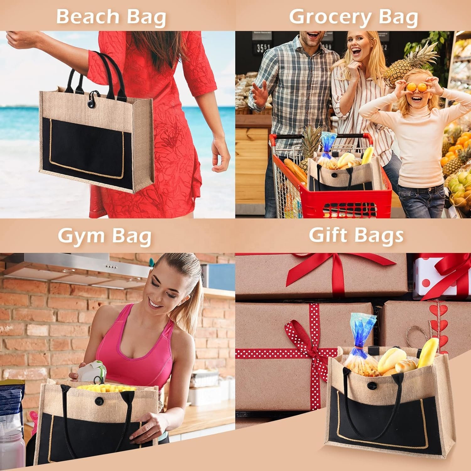 Awoz custom Reusable Grocery Large Jute Tote Bags Beach Burlap Tote Bags with Canvas Front Pocket
