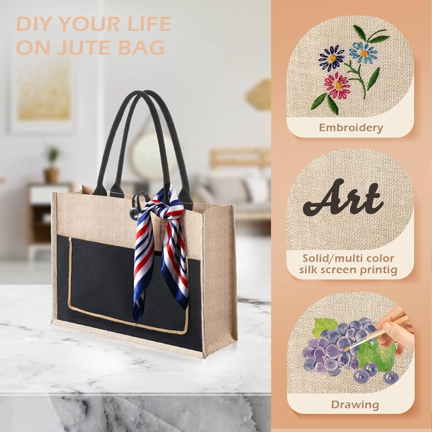 Awoz custom Reusable Grocery Large Jute Tote Bags Beach Burlap Tote Bags with Canvas Front Pocket