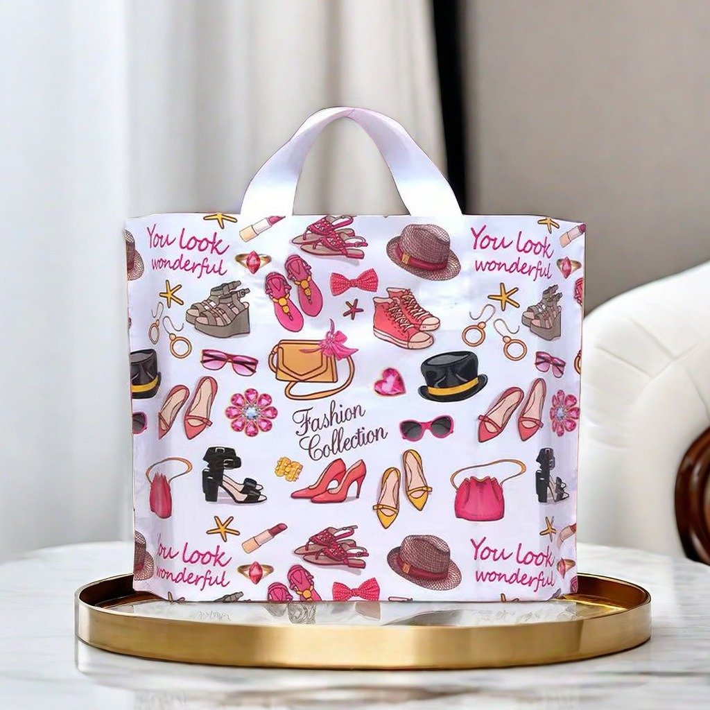 Custom printed logo reusable Gift bags with soft loop handles Recyclable retail plastic poly tote carrier Die Cut shopping