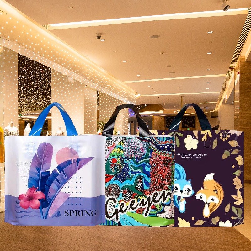 Custom printed logo reusable Gift bags with soft loop handles Recyclable retail plastic poly tote carrier Die Cut shopping
