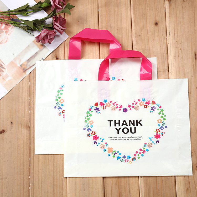 Custom printed logo reusable Gift bags with soft loop handles Recyclable retail plastic poly tote carrier Die Cut shopping