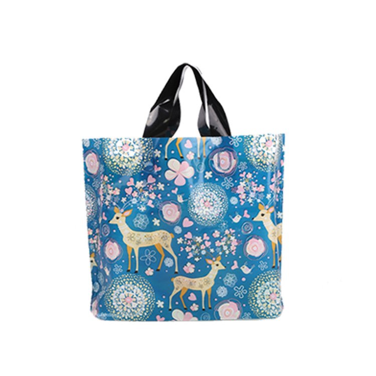Custom printed logo reusable Gift bags with soft loop handles Recyclable retail plastic poly tote carrier Die Cut shopping