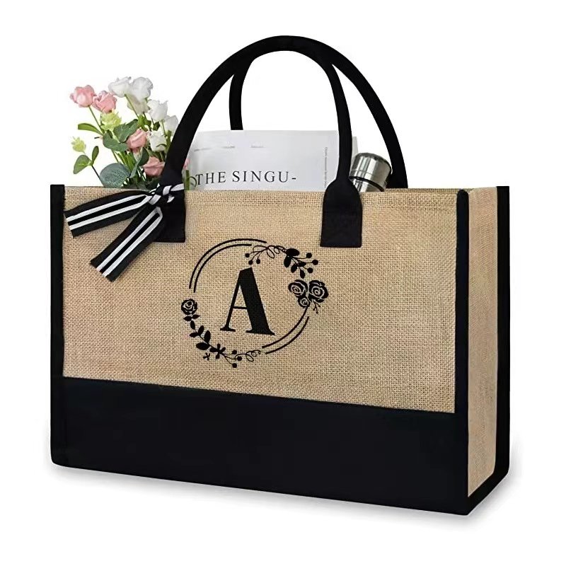 Hot Selling Jute Bag Custom Printed Letter Design Large Eco Friendly Burlap Jute Women Shopping Tote Beach Bag With Logos