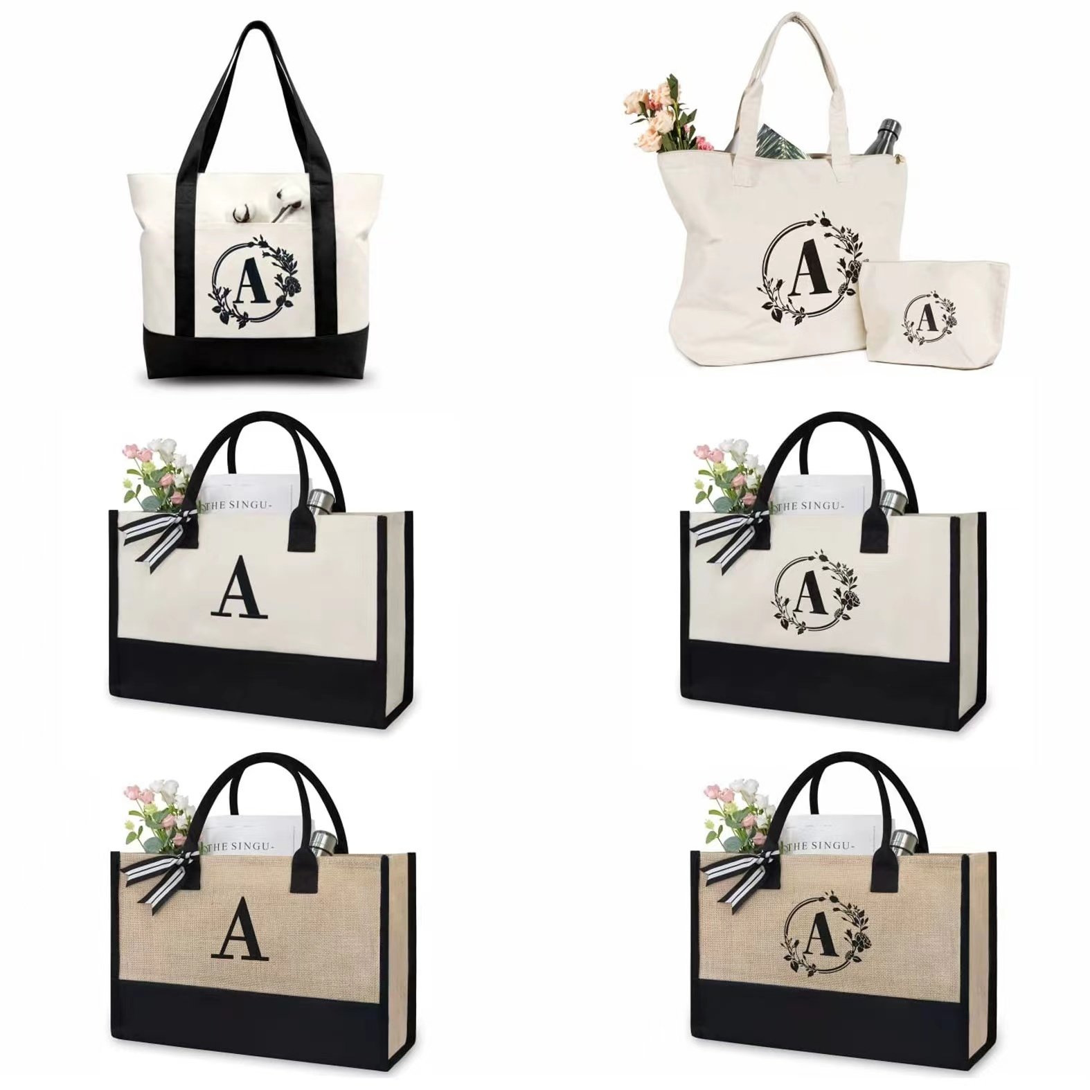 Hot Selling Jute Bag Custom Printed Letter Design Large Eco Friendly Burlap Jute Women Shopping Tote Beach Bag With Logos