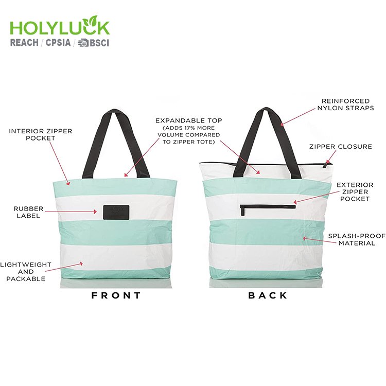 Eco Promotional Custom Logo Blank Printed Organic Shopper Reusable Tyvek Shopping Beach Bag With Zipper
