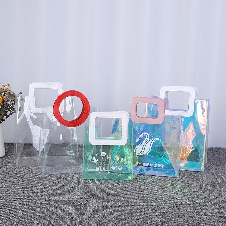 Factory wholesale custom shopping bag PVC TPU durable transparent holographic laser washable handbag