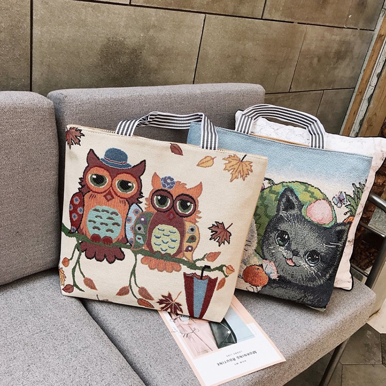 Eco friendly Ethnic style Embroidery Canvas Tote bag Zipper Casual women canvas shopping bags