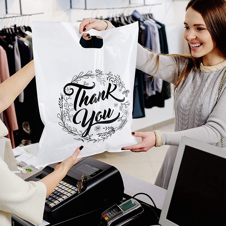 Custom size printed design white ldpe plastic die cut fashion shopping bag for clothing