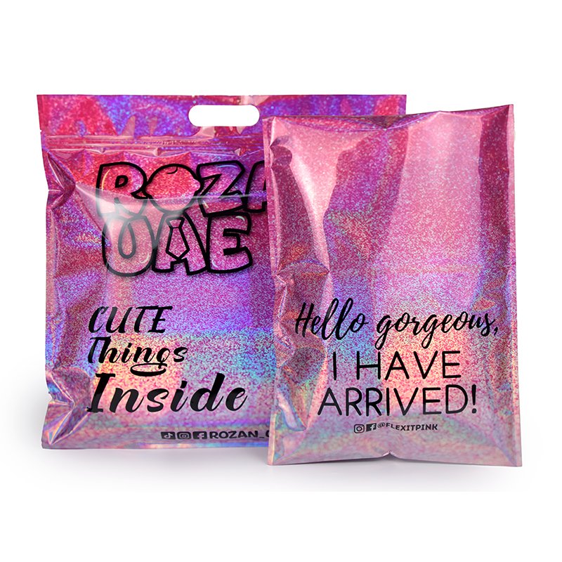 Plastic Holographic Metallic Shopping Bag With Handle Custom Brand Printing Polymailer Bag For Clothes Beauty Products Shipping