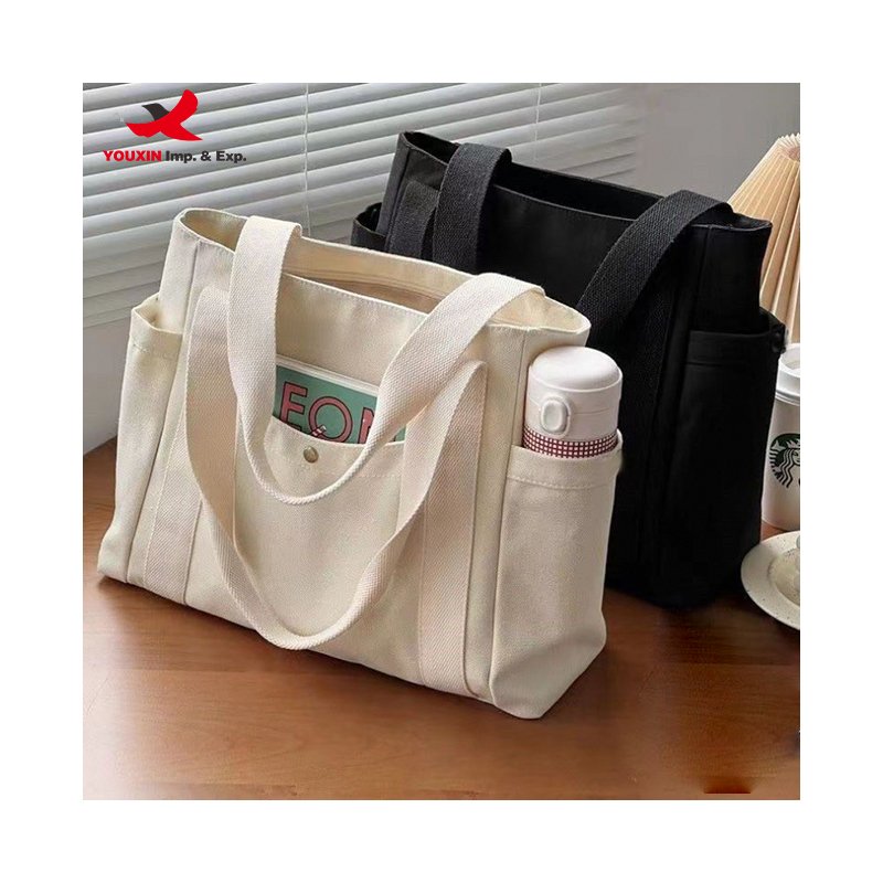 Custom Logo Size Printed Eco Friendly Canvas Shopping Bag with Multiple Pocket Cotton Plain Tote Bags for Women Shoulder Grocery