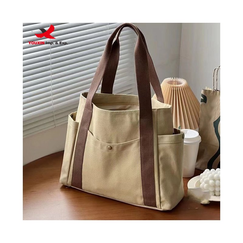 Custom Logo Size Printed Eco Friendly Canvas Shopping Bag with Multiple Pocket Cotton Plain Tote Bags for Women Shoulder Grocery