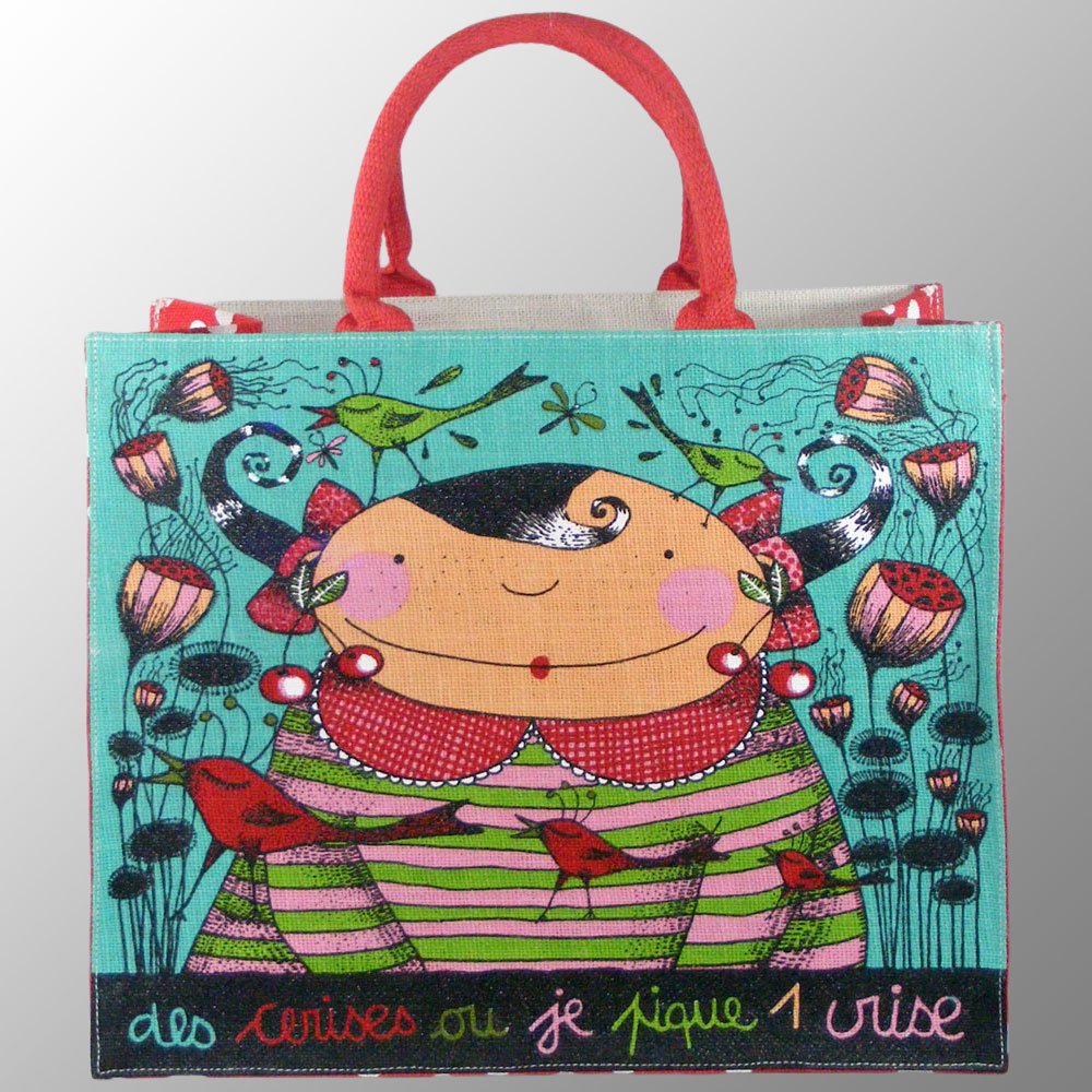Full Color Screen printed jute shopping bag kids cartoon bags small hanging pocket inside custom made jute bags polka dot print