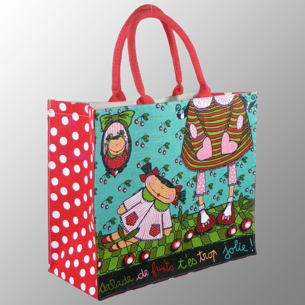 Full Color Screen printed jute shopping bag kids cartoon bags small hanging pocket inside custom made jute bags polka dot print