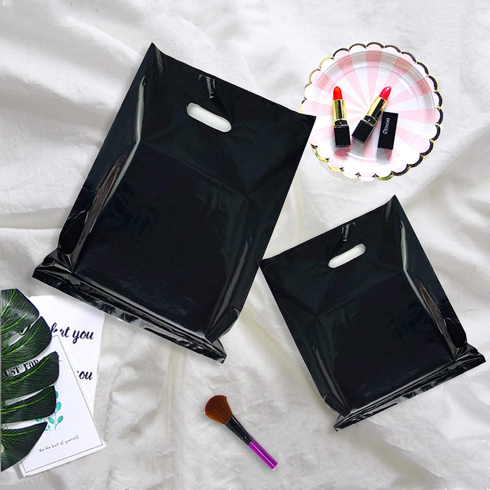 Promotional boutique black custom die cut handle gift plastic shopping bags for clothes with logo