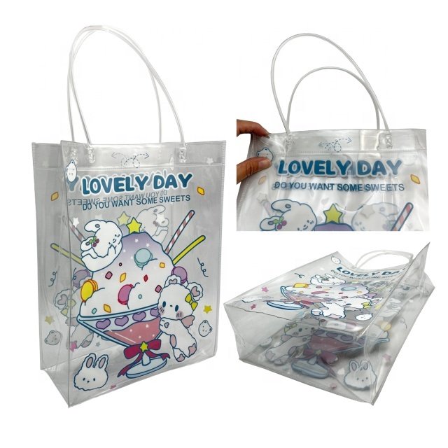 Wholesale printed Custom mylar bag waterproof fashion transparent shopping pvc tote bag with handles