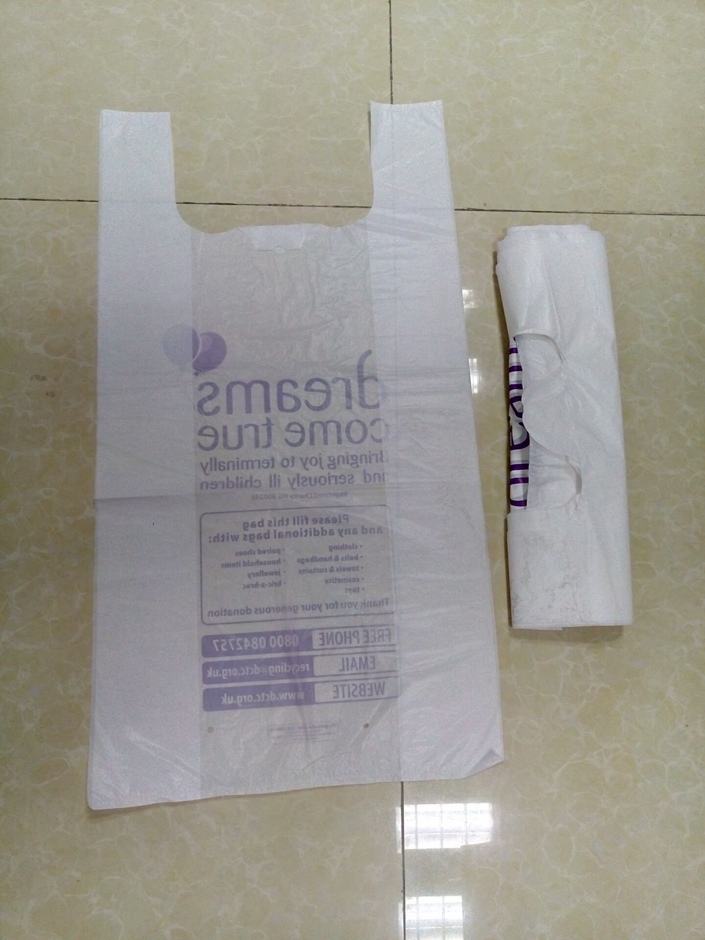Hot sale popular size 11.5"x6.5"x21" White Thank You T Shirt Bag Plastic Shopping Bags
