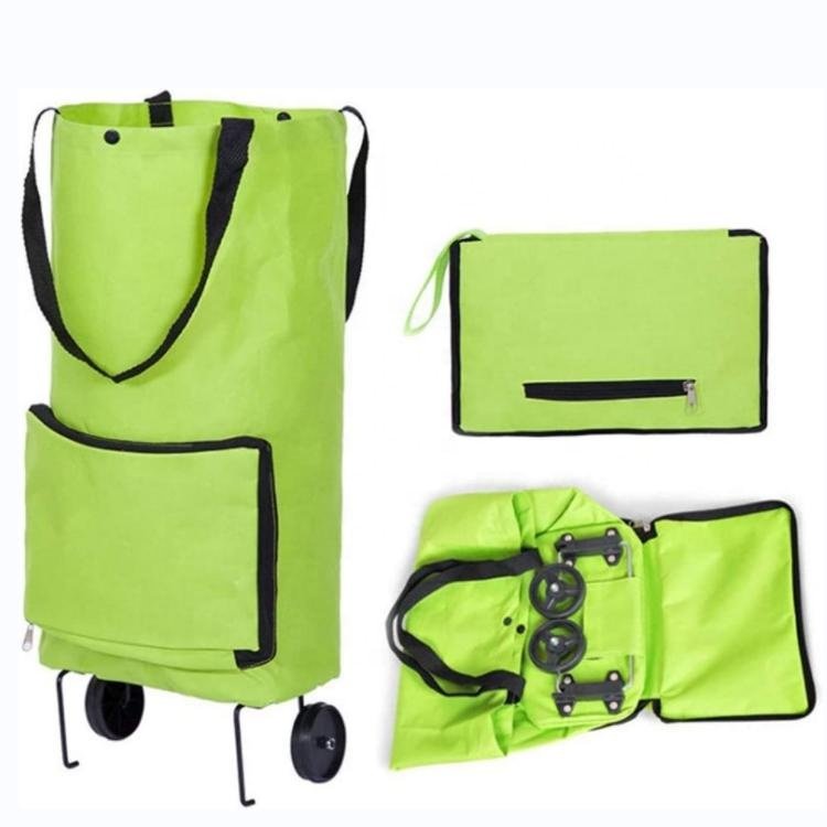 Collapsible Oxford Fabric Trolley Bag with Wheels Folding Grocery Tote Bag Compact Shopping Grocery Cart for Travel Daily Picnic
