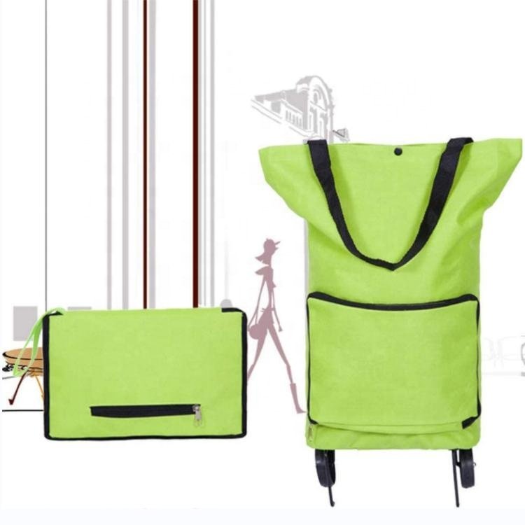 Collapsible Oxford Fabric Trolley Bag with Wheels Folding Grocery Tote Bag Compact Shopping Grocery Cart for Travel Daily Picnic