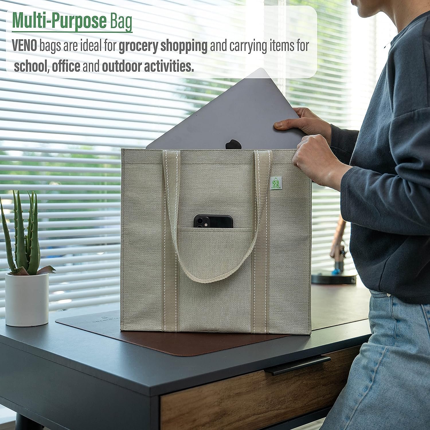 Reusable shopping bag with hard bottom foldable multi-purpose heavy handbag daily utility sustainable woven tote bag