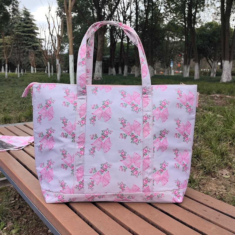 Hot Sale Floral Pink and Blue Handbags Travel Bag Zip Closure Shoulder Waterproof Nylon Shopping Bag with Zipper Women Tote Bag