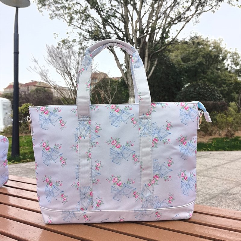 Hot Sale Floral Pink and Blue Handbags Travel Bag Zip Closure Shoulder Waterproof Nylon Shopping Bag with Zipper Women Tote Bag