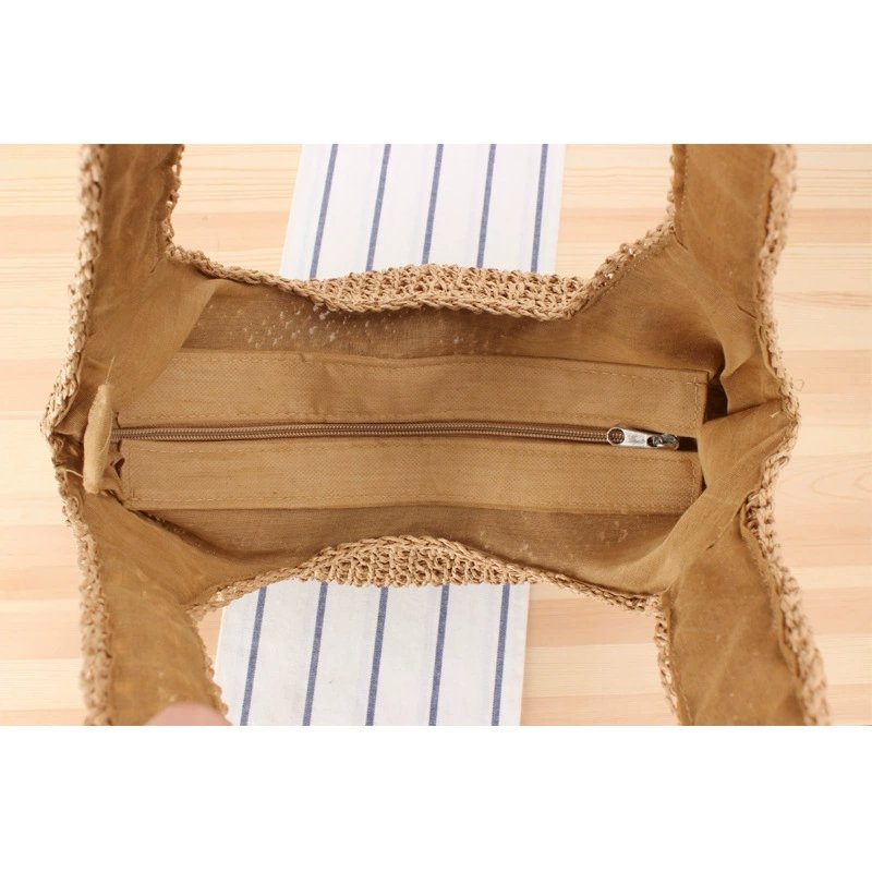 2023 Hot Sale Hand-Woven Bags Soft Khaki Boho Straw Woven Tote Shopping Bag Retro Summer Handbag