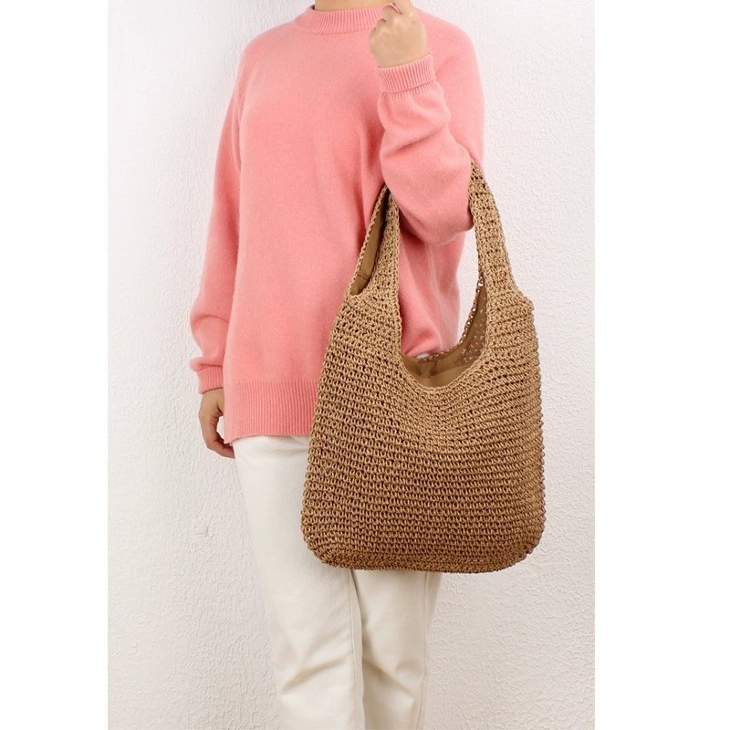 2023 Hot Sale Hand-Woven Bags Soft Khaki Boho Straw Woven Tote Shopping Bag Retro Summer Handbag