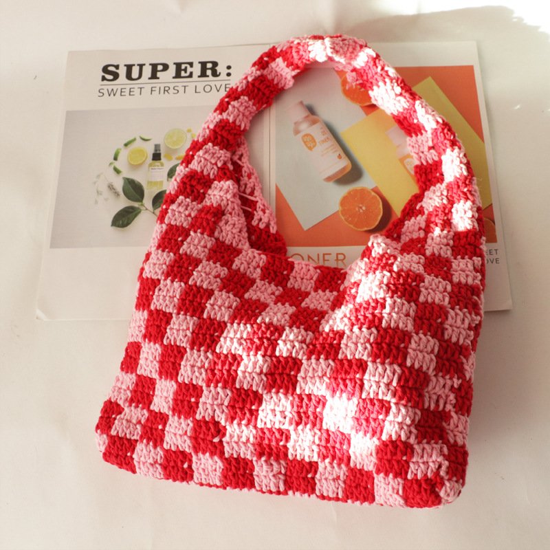 Checkerboard Cotton Cord Woven Bag Mix White Color Handmade Handbag Shoulder Lady Bag for Wholesale Green Customize Polyester