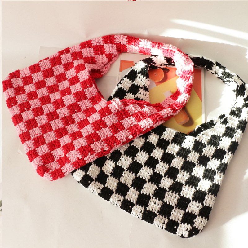 Checkerboard Cotton Cord Woven Bag Mix White Color Handmade Handbag Shoulder Lady Bag for Wholesale Green Customize Polyester