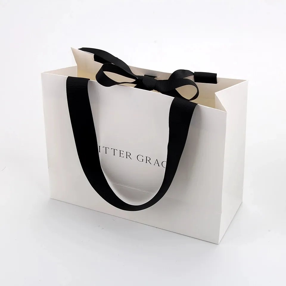 Custom Gold Foil Logo Luxury Gift Shopping Bags Recyclable For Boutique Jewelry Stores