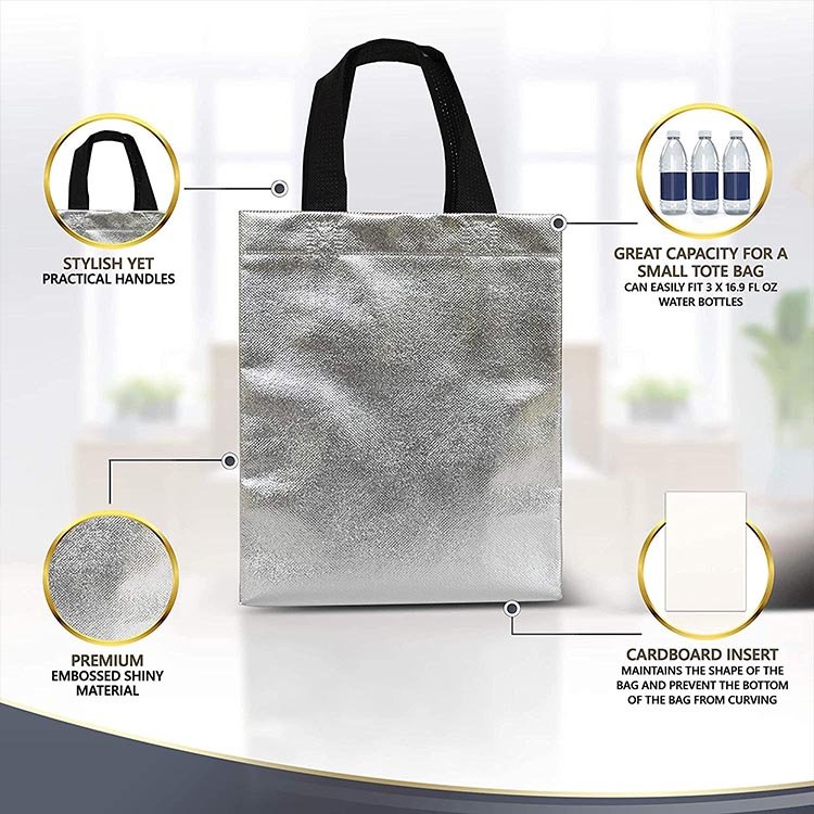 BSCI Audit Customized Logo Ultrasonic Laminated Tote Bag metallic Non Woven shopping Bag silver