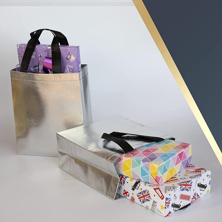 BSCI Audit Customized Logo Ultrasonic Laminated Tote Bag metallic Non Woven shopping Bag silver