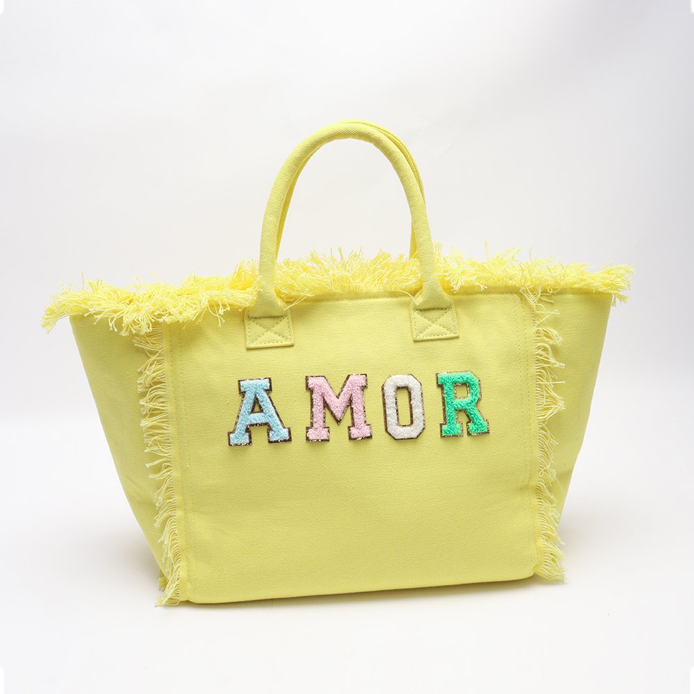 NO MOQ Large Size Fringed Tote tassel Bag Summer Beach Women Handbag Cotton Canvas Tote With Zipper shopping bag