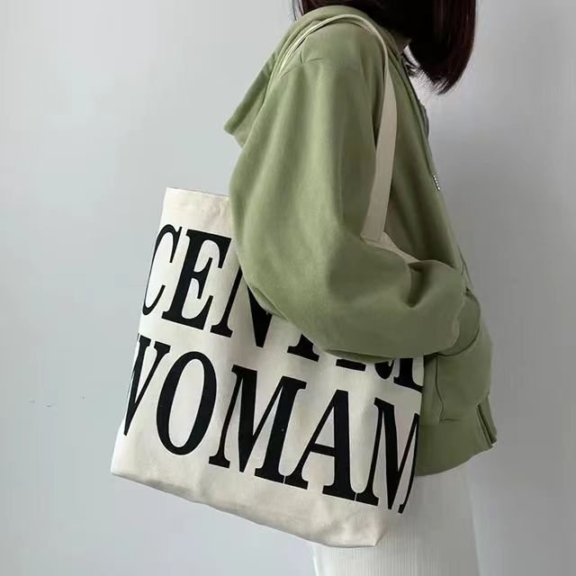 Custom Women Handbags Canvas Tote Bags with Zipper Button Reusable Grocery Large Shopping Tote Bag with Letter Printing