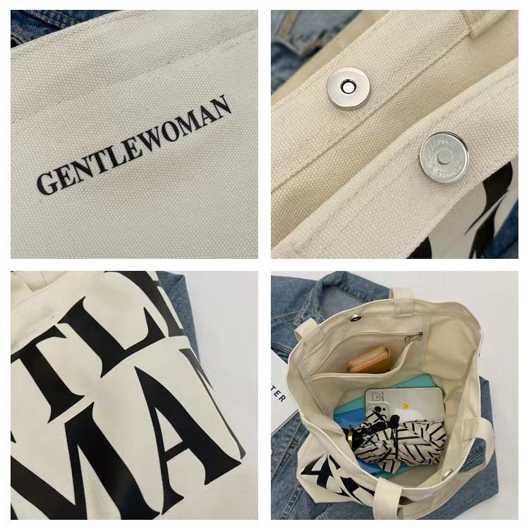 Custom Women Handbags Canvas Tote Bags with Zipper Button Reusable Grocery Large Shopping Tote Bag with Letter Printing