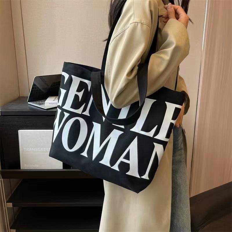 Custom Women Handbags Canvas Tote Bags with Zipper Button Reusable Grocery Large Shopping Tote Bag with Letter Printing