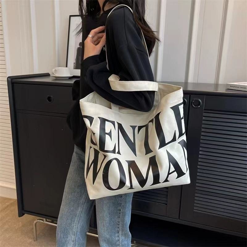 Custom Women Handbags Canvas Tote Bags with Zipper Button Reusable Grocery Large Shopping Tote Bag with Letter Printing