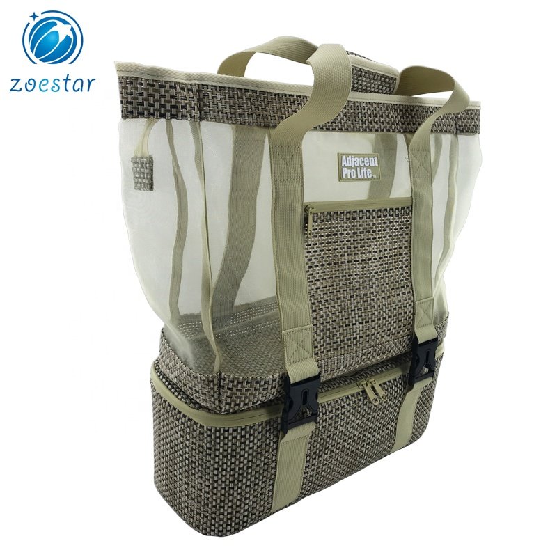 2 in 1 Ladies Big Knitted Nylon Mesh Tote Shoulder Bag with Cooler Compartment Daily Office Beach Shopping Bag