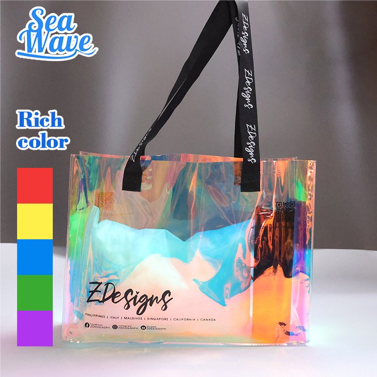 Custom Logo Luxury Reusable Shiny Holographic Bag Metallic Laminated Iridescent Shopping Gift Bag with Handle