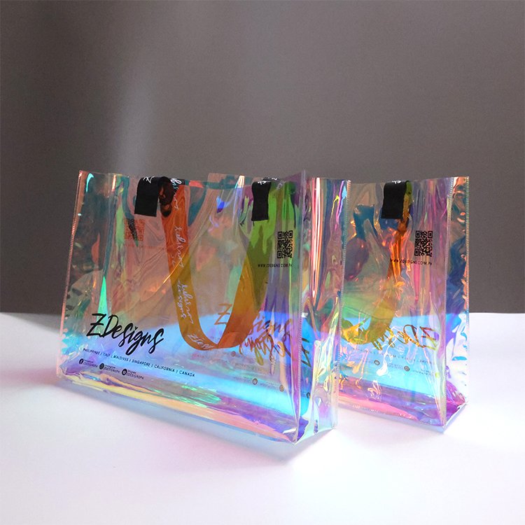 Custom Logo Luxury Reusable Shiny Holographic Bag Metallic Laminated Iridescent Shopping Gift Bag with Handle