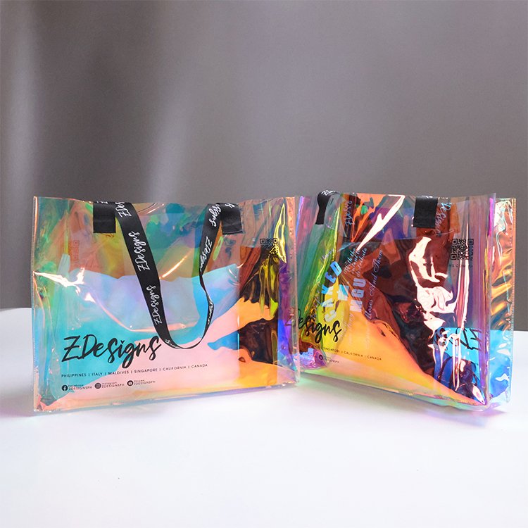 Custom Logo Luxury Reusable Shiny Holographic Bag Metallic Laminated Iridescent Shopping Gift Bag with Handle