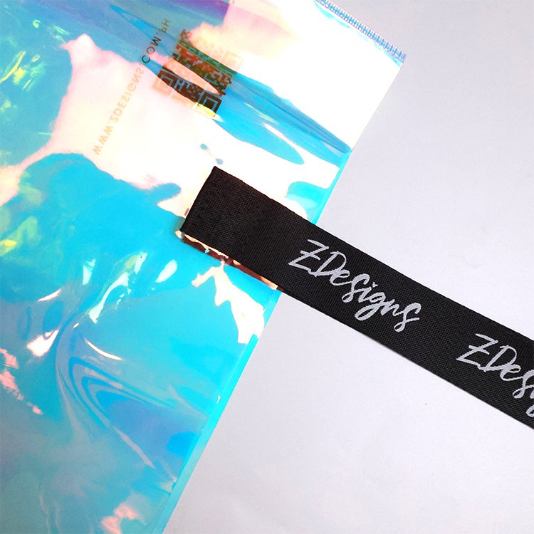 Custom Logo Luxury Reusable Shiny Holographic Bag Metallic Laminated Iridescent Shopping Gift Bag with Handle