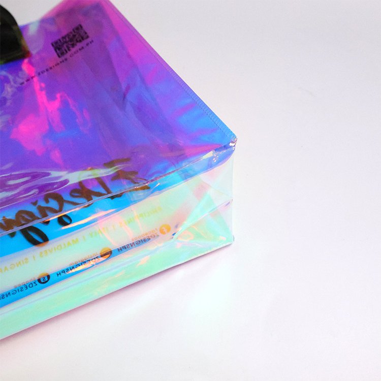 Custom Logo Luxury Reusable Shiny Holographic Bag Metallic Laminated Iridescent Shopping Gift Bag with Handle