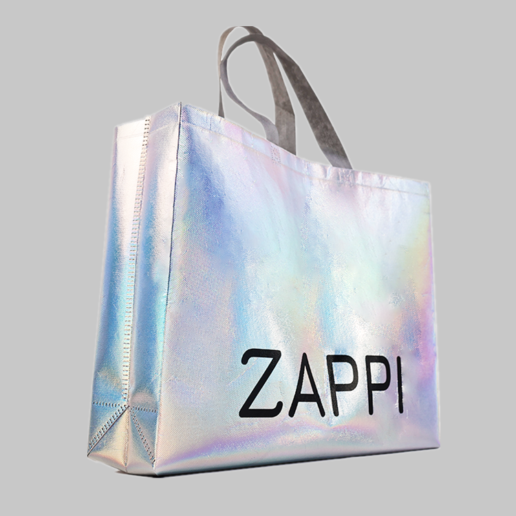 Recycled Custom Logo Printing Luxury Silver Metallic Iridescent Gift Laser Non Woven Bag Reusable Tote Shopping Bags