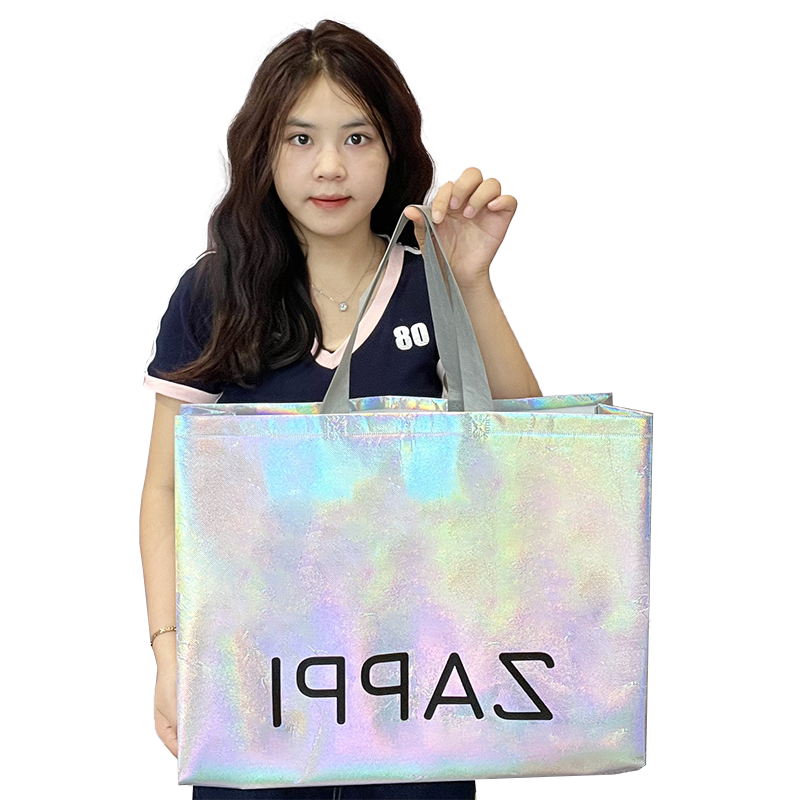 Recycled Custom Logo Printing Luxury Silver Metallic Iridescent Gift Laser Non Woven Bag Reusable Tote Shopping Bags